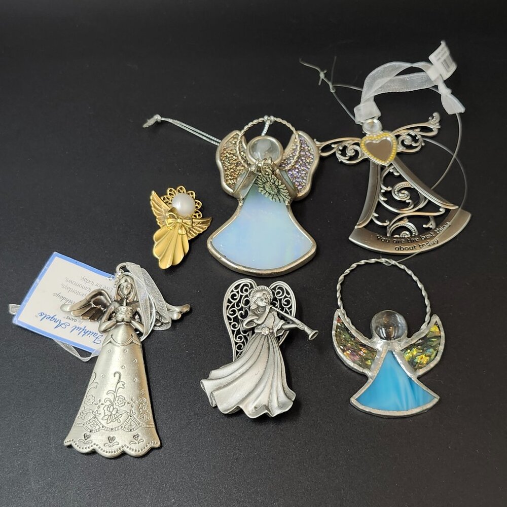 Angel Christmas Decor and Brooches Lot Ganz Stained Glass and Other